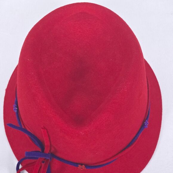 Something Special Cloche Fedora Wool Hat Red Purple Bow Beaded Flower Grannycore - Picture 6 of 9